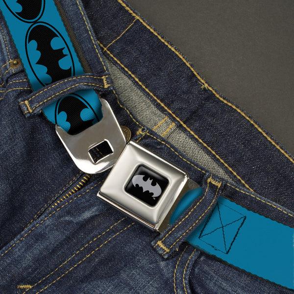 Buckle-Down Batman Black Silver Seatbelt Belt - Bat Signal-3 Blue/Black/Blue Webbing