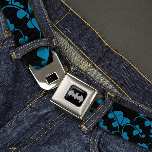 Buckle-Down Batman Black Silver Seatbelt Belt - Bat Signals Stacked Blue/Black Webbing