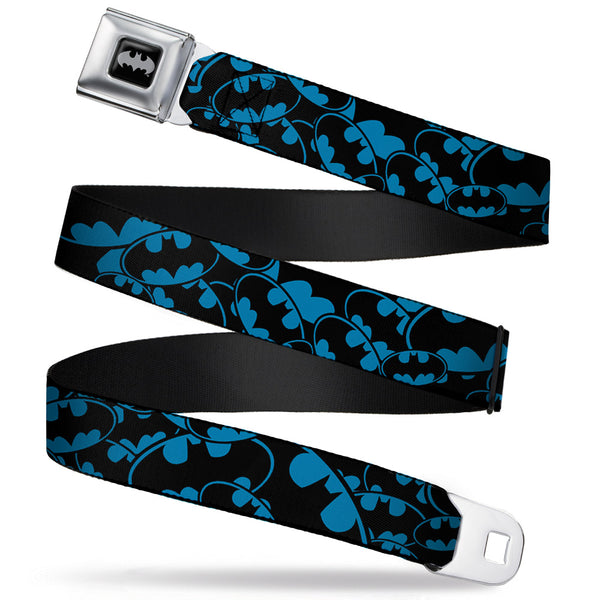 Buckle-Down Batman Black Silver Seatbelt Belt - Bat Signals Stacked Blue/Black Webbing
