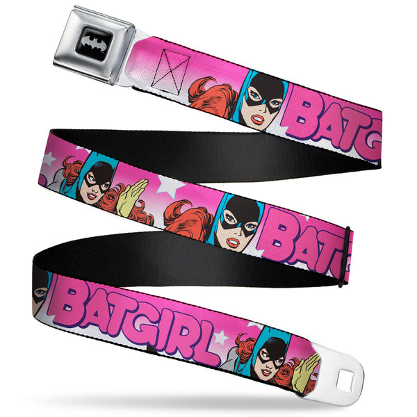 Buckle-Down Batman Black/Silver Seatbelt Belt - BATGIRL Bubble Letters w/Stars Pink/White Webbing