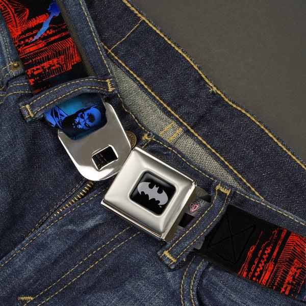 Buckle-Down Batman Black Silver Seatbelt Belt - Batman 2-Poses-Buildings Black/Reds/Blues Webbing