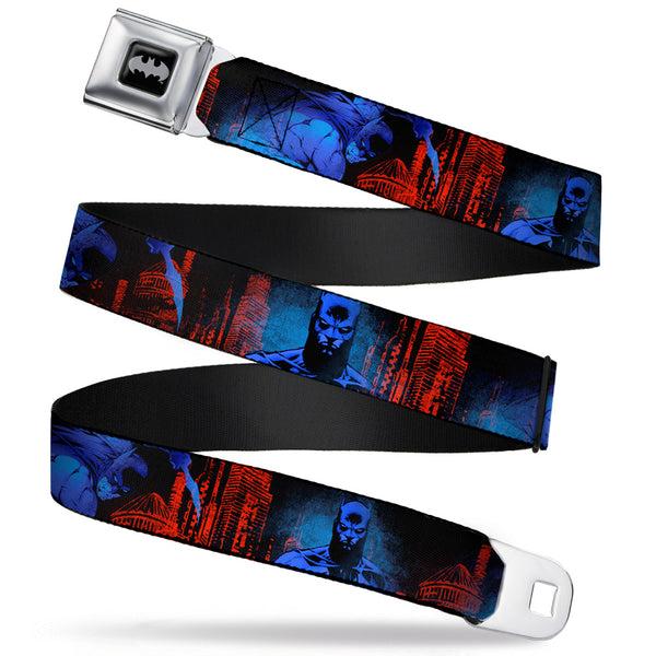 Buckle-Down Batman Black Silver Seatbelt Belt - Batman 2-Poses-Buildings Black/Reds/Blues Webbing