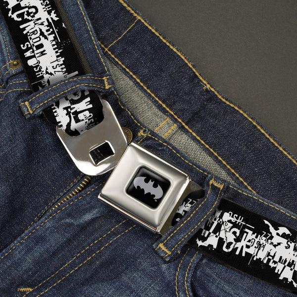 Buckle-Down Batman Black Silver Seatbelt Belt - Batman Action Verbiage Black/White Webbing