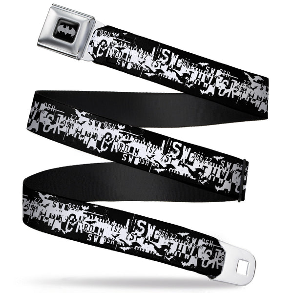 Buckle-Down Batman Black Silver Seatbelt Belt - Batman Action Verbiage Black/White Webbing