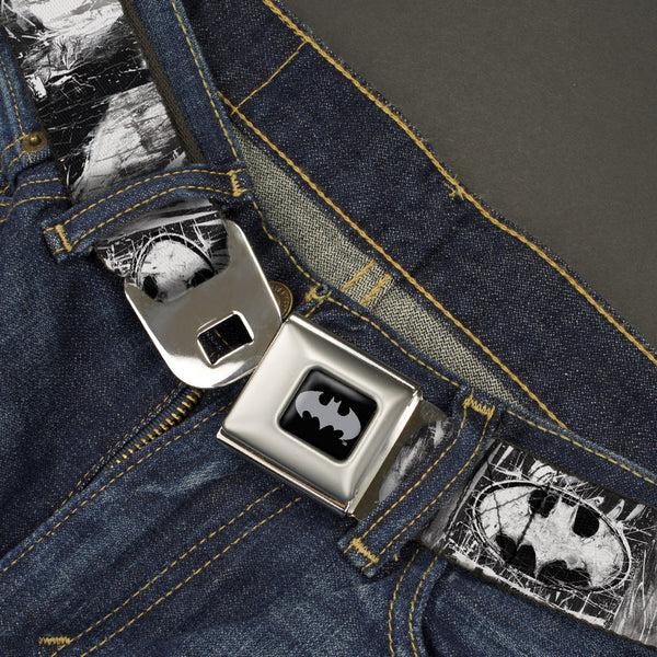 Buckle-Down Batman Black Silver Seatbelt Belt - Batman Face/Bat Shield Sketch White/Black Webbing