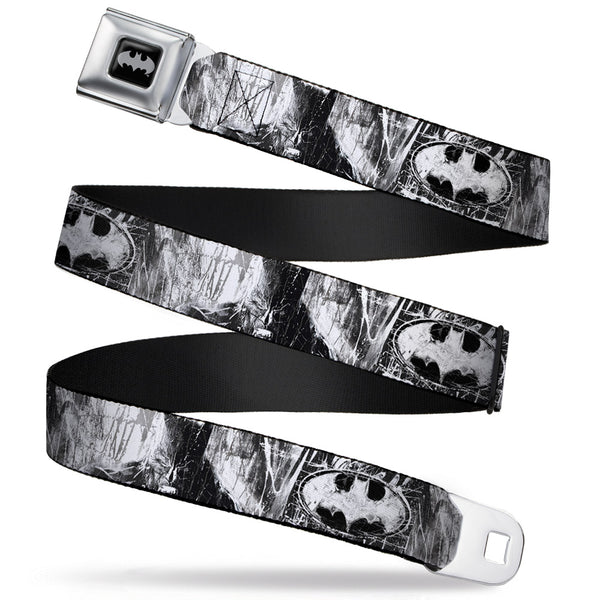 Buckle-Down Batman Black Silver Seatbelt Belt - Batman Face/Bat Shield Sketch White/Black Webbing