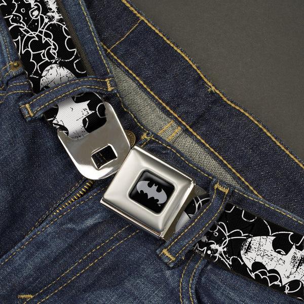 Buckle-Down Batman Black Silver Seatbelt Belt - Batman Outlines Black/White Webbing