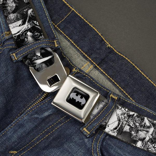 Buckle-Down Batman Black Silver Seatbelt Belt - Batman Poses & Bat Shield Sketch White/Black Webbing