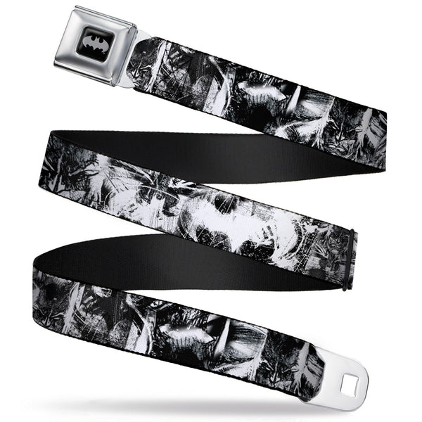 Buckle-Down Batman Black Silver Seatbelt Belt - Batman Poses & Bat Shield Sketch White/Black Webbing