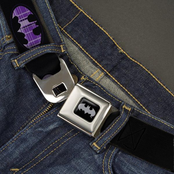 Buckle-Down Batman Black Silver Seatbelt Belt - Batman Signal Black/Purple Plaid Webbing