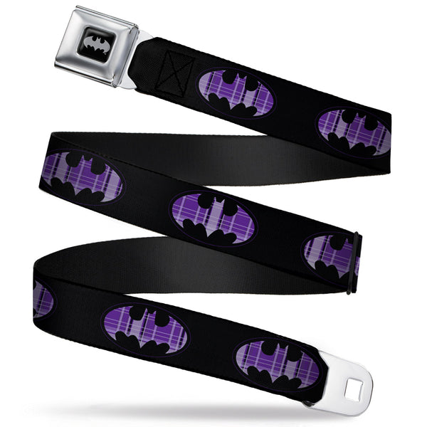 Buckle-Down Batman Black Silver Seatbelt Belt - Batman Signal Black/Purple Plaid Webbing