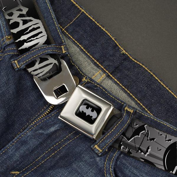 Buckle-Down Batman Black Silver Seatbelt Belt - BATMAN W/Bat Signals & Flying Bats Black/White Webbing