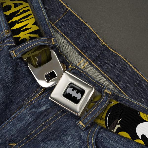 Buckle-Down Batman Black Silver Seatbelt Belt - BATMAN W/Bat Signals & Flying Bats Yellow/Black/White Webbing