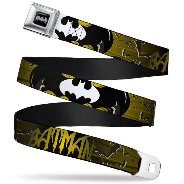 Buckle-Down Batman Black Silver Seatbelt Belt - BATMAN w/Bat Signals & Flying Bats Yellow/Black/White Webbing