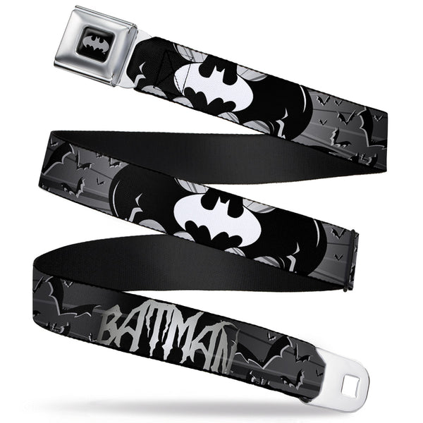 Buckle-Down Batman Black Silver Seatbelt Belt - BATMAN w/Bat Signals & Flying Bats Black/White Webbing