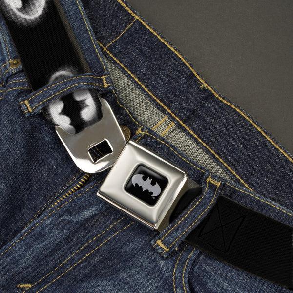 Buckle-Down Batman Black Silver Seatbelt Belt - Cloudy Bat Signal Black/White Webbing
