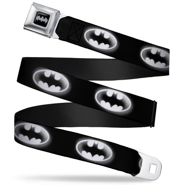 Buckle-Down Batman Black Silver Seatbelt Belt - Cloudy Bat Signal Black/White Webbing