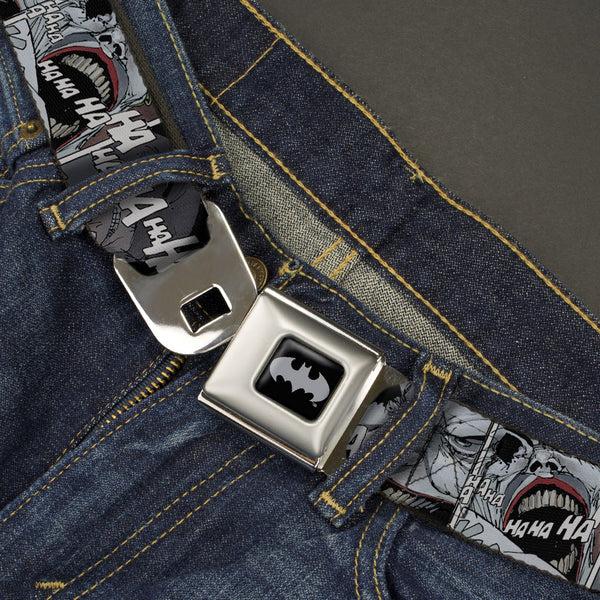 Buckle-Down Batman Black Silver Seatbelt Belt - Joker Laughing CLOSE-UP Black/White Webbing