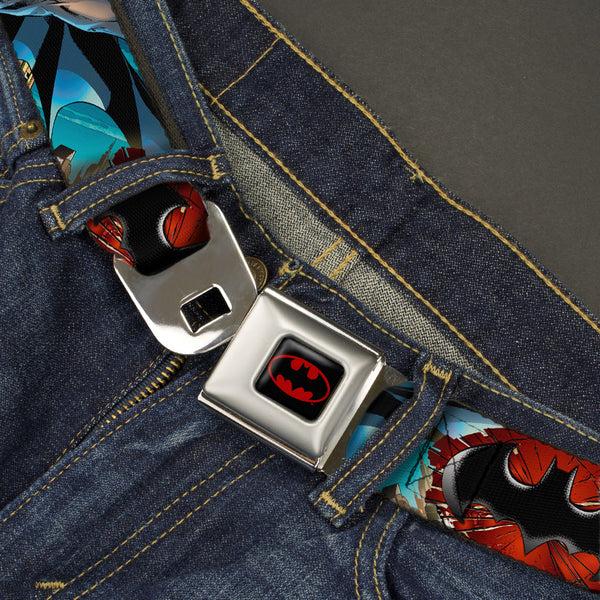 Buckle-Down Batman Full Color Black Red Seatbelt Belt - Flashpoint Batman Action Pose2/Shattered Bat Signal/Cityscape Webbing