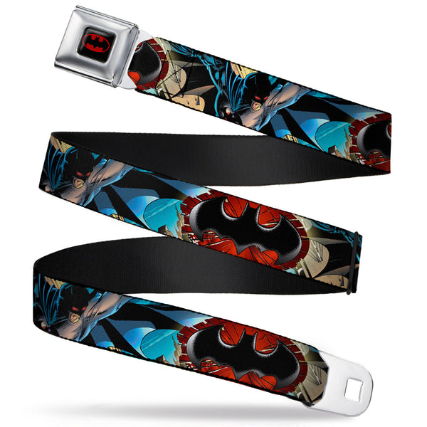 Buckle-Down Batman Full Color Black Red Seatbelt Belt - Flashpoint Batman Action Pose2/Shattered Bat Signal/Cityscape Webbing