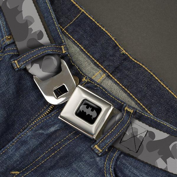 Buckle-Down Batman Full Color Black Silver Black Seatbelt Belt - Bat Signal Stacked Black/Grays Webbing