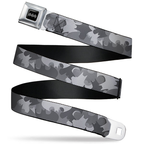 Buckle-Down Batman Full Color Black Silver Black Seatbelt Belt - Bat Signal Stacked Black/Grays Webbing