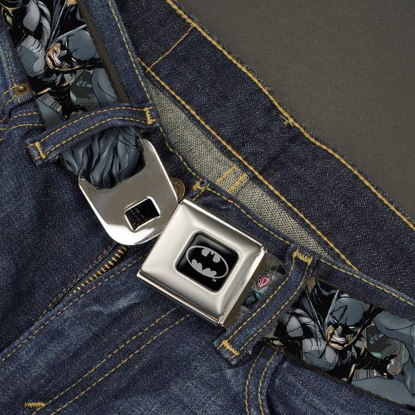 Buckle-Down Batman Full Color Black Silver Black Seatbelt Belt - New 52 Batman Shooting/Jumping Poses Grays Webbing