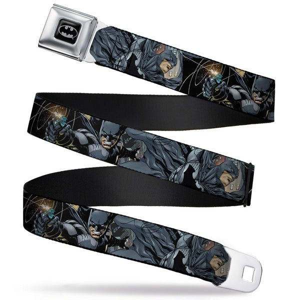Buckle-Down Batman Full Color Black Silver Black Seatbelt Belt - New 52 Batman Shooting/Jumping Poses Grays Webbing