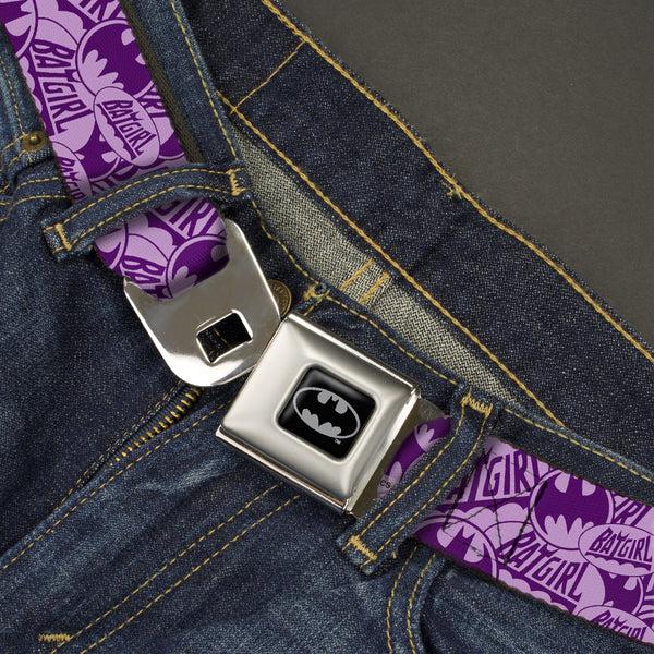 Buckle-Down Batman Full Color Black Silver Black Seatbelt Belt - BATGIRL Logo/Bat Signal Stacked Purples Webbing