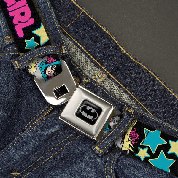 Buckle-Down Batman Full Color Black Silver Black Seatbelt Belt - BATGIRL Running W/Stars Black/Pink/Yellow/Blue Webbing