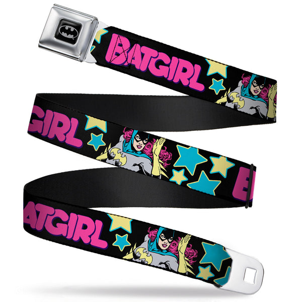 Buckle-Down Batman Full Color Black Silver Black Seatbelt Belt - BATGIRL Running w/Stars Black/Pink/Yellow/Blue Webbing