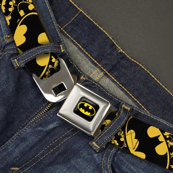 Buckle-Down Batman Full Color Black Yellow Seatbelt Belt - Bat Signals Stacked W/CLOSE-UP Yellow/Black Webbing
