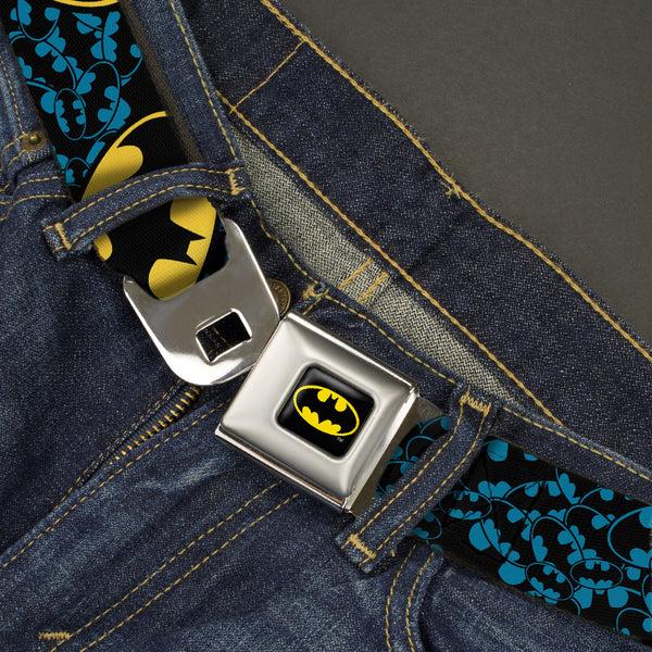 Buckle-Down Batman Full Color Black Yellow Seatbelt Belt - Bat Signals Stacked W/CLOSE-UP Blue/Black/Yellow Webbing