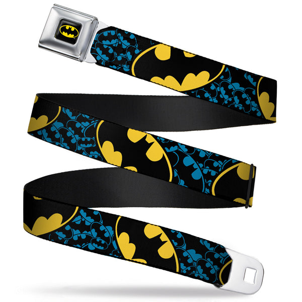 Buckle-Down Batman Full Color Black Yellow Seatbelt Belt - Bat Signals Stacked W/CLOSE-UP Blue/Black/Yellow Webbing