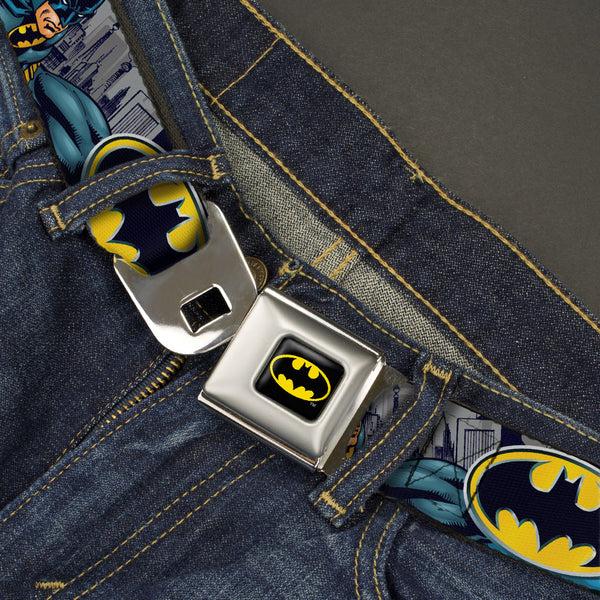 Buckle-Down Batman Full Color Black Yellow Seatbelt Belt - Batman Bold Power Pose/Logo/Skyline Grays/Black Webbing