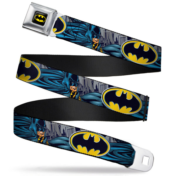 Buckle-Down Batman Full Color Black Yellow Seatbelt Belt - Batman Bold Power Pose/Logo/Skyline Grays/Black Webbing