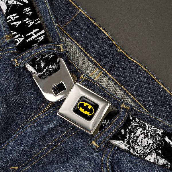 Buckle-Down Batman Full Color Black/Yellow Seatbelt Belt - Batman THE DARK KNIGHT And Joker Smiling Sketch Close-Ups Black/White Webbing