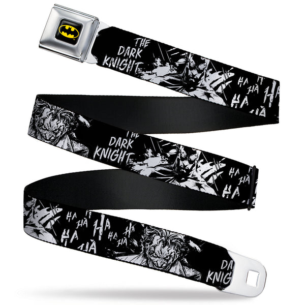 Buckle-Down Batman Full Color Black/Yellow Seatbelt Belt - Batman THE DARK KNIGHT and Joker Smiling Sketch Close-Ups Black/White Webbing