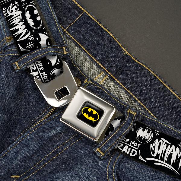 Buckle-Down Batman Full Color Black/Yellow Seatbelt Belt - Batman Gotham City Graffiti Collage Black/White Webbing
