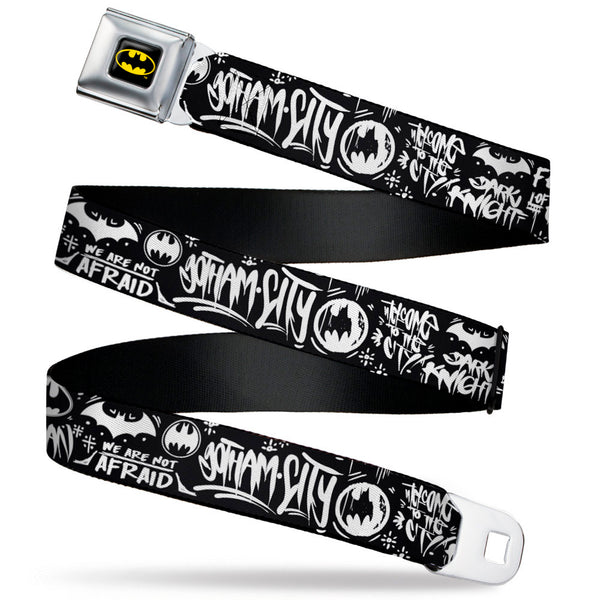 Buckle-Down Batman Full Color Black/Yellow Seatbelt Belt - Batman Gotham City Graffiti Collage Black/White Webbing
