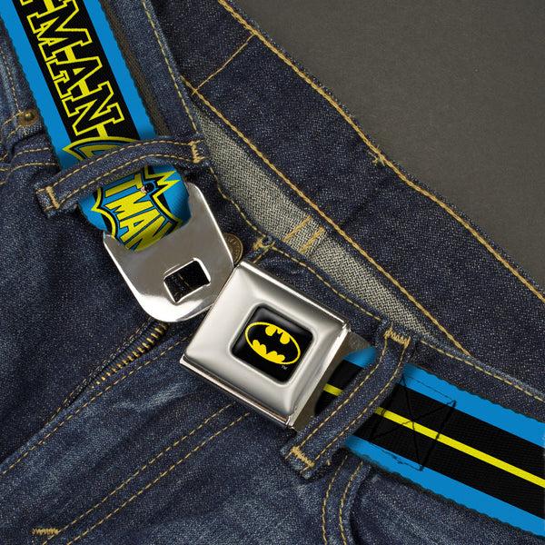 Buckle-Down Batman Full Color Black Yellow Seatbelt Belt - BATMAN/Retro Logos Stripe Blue/Black/Yellow Webbing