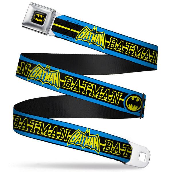 Buckle-Down Batman Full Color Black Yellow Seatbelt Belt - BATMAN/Retro Logos Stripe Blue/Black/Yellow Webbing