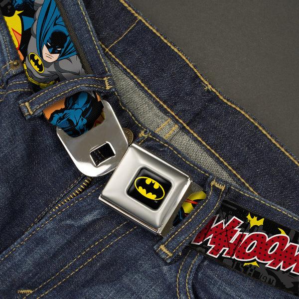 Buckle-Down Batman Full Color Black Yellow Seatbelt Belt - Batman In Action WHOOM Red Skyline Webbing