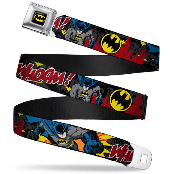Buckle-Down Batman Full Color Black Yellow Seatbelt Belt - Batman in Action WHOOM Red Skyline Webbing