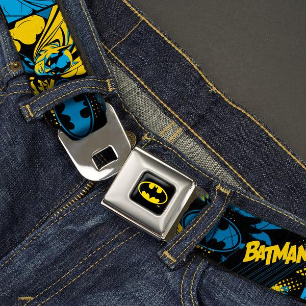 Buckle-Down Batman Full Color Black/Yellow Seatbelt Belt - BATMAN Poses And Logo Collage Black/Blue/Yellow Webbing