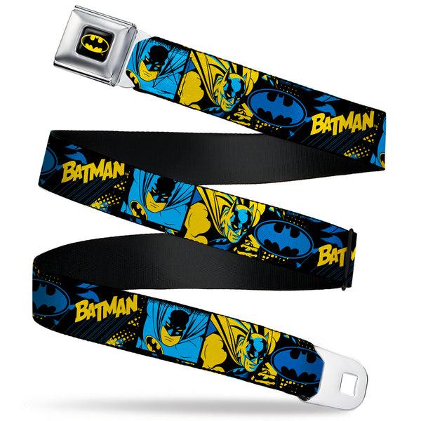Buckle-Down Batman Full Color Black/Yellow Seatbelt Belt - BATMAN Poses and Logo Collage Black/Blue/Yellow Webbing
