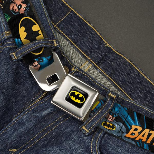 Buckle-Down Batman Full Color Black Yellow Seatbelt Belt - Batman & Robin In Action W/Text Black Webbing