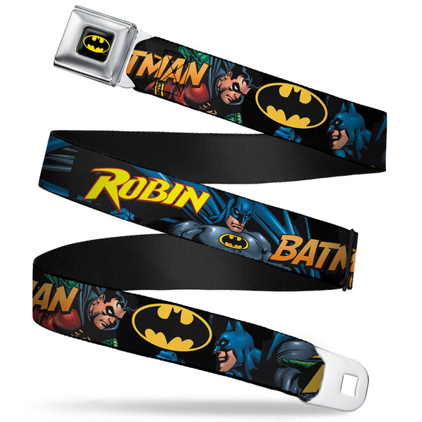 Buckle-Down Batman Full Color Black Yellow Seatbelt Belt - Batman & Robin in Action w/Text Black Webbing
