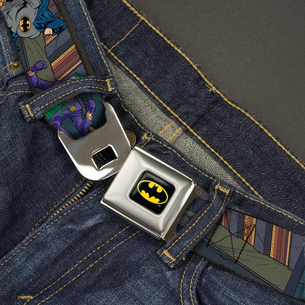 Buckle-Down Batman Full Color Black Yellow Seatbelt Belt - Batman Battling Villains In Tunnel Webbing