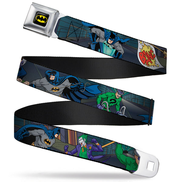Buckle-Down Batman Full Color Black Yellow Seatbelt Belt - Batman Battling Villains in Tunnel Webbing